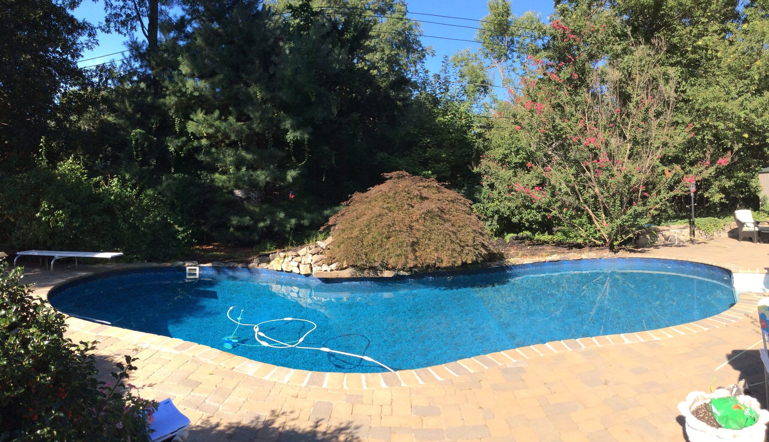 Freeform vinyl pool surrounded by pavers and mature landscaping